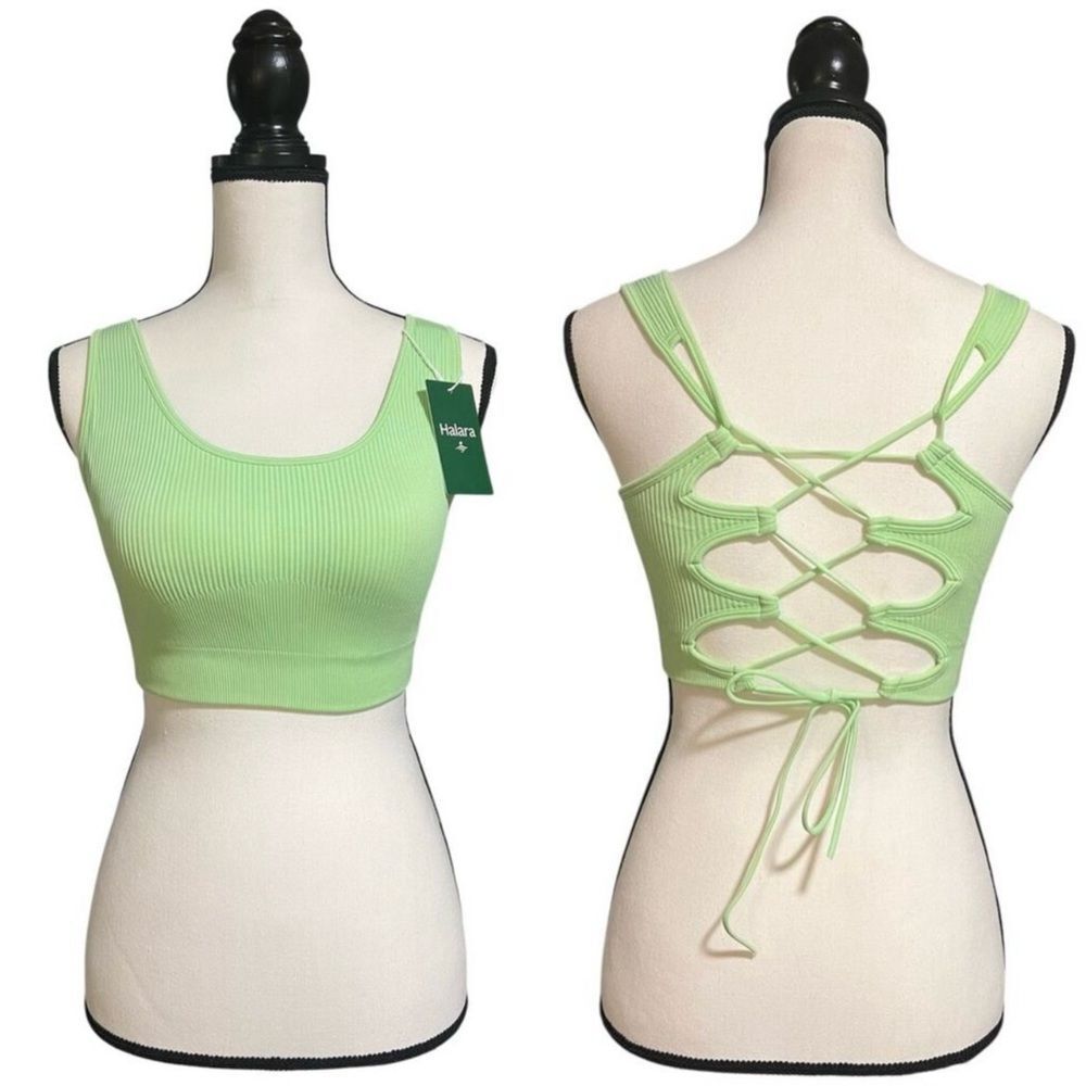 Halara Green Ribbed Open Back Lace Up Workout Crop Tank Top Size M NWT